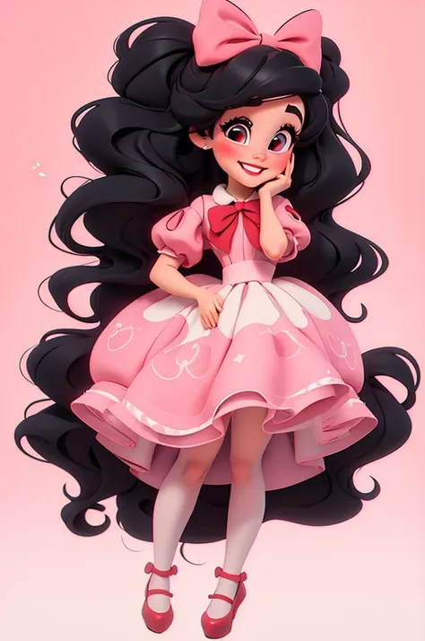 3d illustration, pixar style, cute chibi, baby girl ariana grande, black hair, long hair, red bow in hair, dress red with black ...