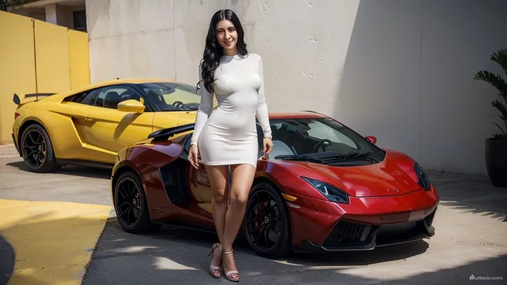 Turkish girl, 30 years old. Tall figure, beautiful face, dark eyes, high nose, plump lips, bright smile, long black hair. smooth white skin. wearing a tight red dress. standing and posing in front of the yellow lambogini supercar. Realistic imagTurkish gir...