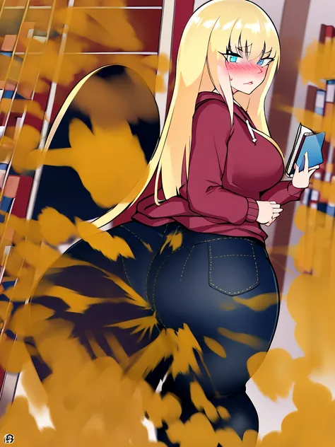 ((best quality)), ((highly detailed)), absurdres, (detailed eyes, deep eyes), (1girl), dynamic pose, very long hair, large breasts, surprised, blushing, hoodie, black pants, reading a book, showing butt to viewer, (indoors, at a library, book shelves), bbc...