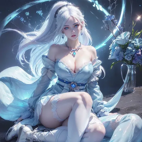 Image ((full body)),realistic 3D anime style,((of a beautiful woman with snow white skin)),((( long iridescent white hair))),(((detailed face, cymetric))), pointed ears,(((s-shaped eyebrows))),((Beautyfull eyes)),((eterocromatic eyes))((One eye blue)) and ...