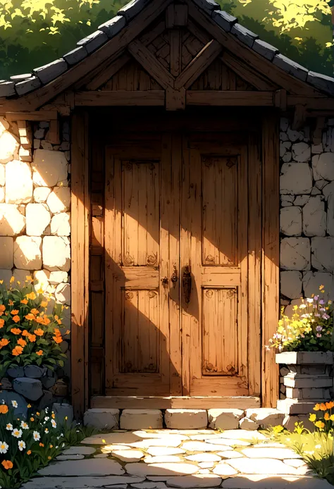 a stone wall, a refined wooden door, a stone path, garden, flowers, mystic, light orange lights, details.