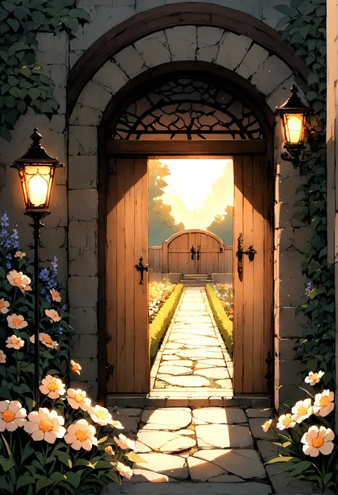 a stone wall, a refined wooden door, a stone path, garden, flowers, mystic, light orange lights, details.