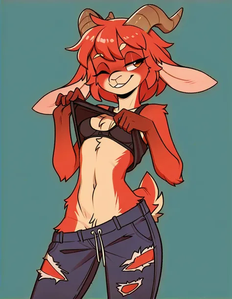 Half-closed eyes, smug smile , 1girl, anthro, furry, fur, fluffy fur, goat girl, trying to lift her shirt to show you her bra, one closed eye, baggy pants, torn pants, bedroom background, score_9, score_8_up, score_7_up, score_6_up, score_5_up, score_4_up