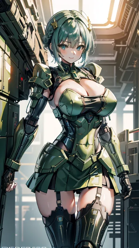 Military green translucent armor，Arm mecha，light blue short hair，Braided hairstyle，Large Breasts，Cleavage，Pistol hanging from waist，fighter pilot，fighter hangar，Sexy，Lipstick，miss，Golden Eyes，stockings，Short skirt，Smile