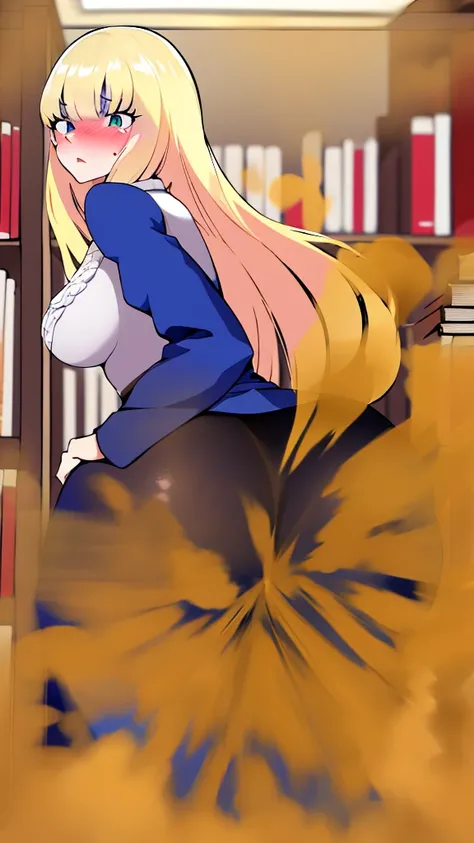 ((best quality)), ((highly detailed)), absurdres, (detailed eyes, deep eyes), (1girl), dynamic pose, very long hair, large breasts, surprised, blushing, showing butt to viewer, (indoors, at a library, book shelves), bbcchan