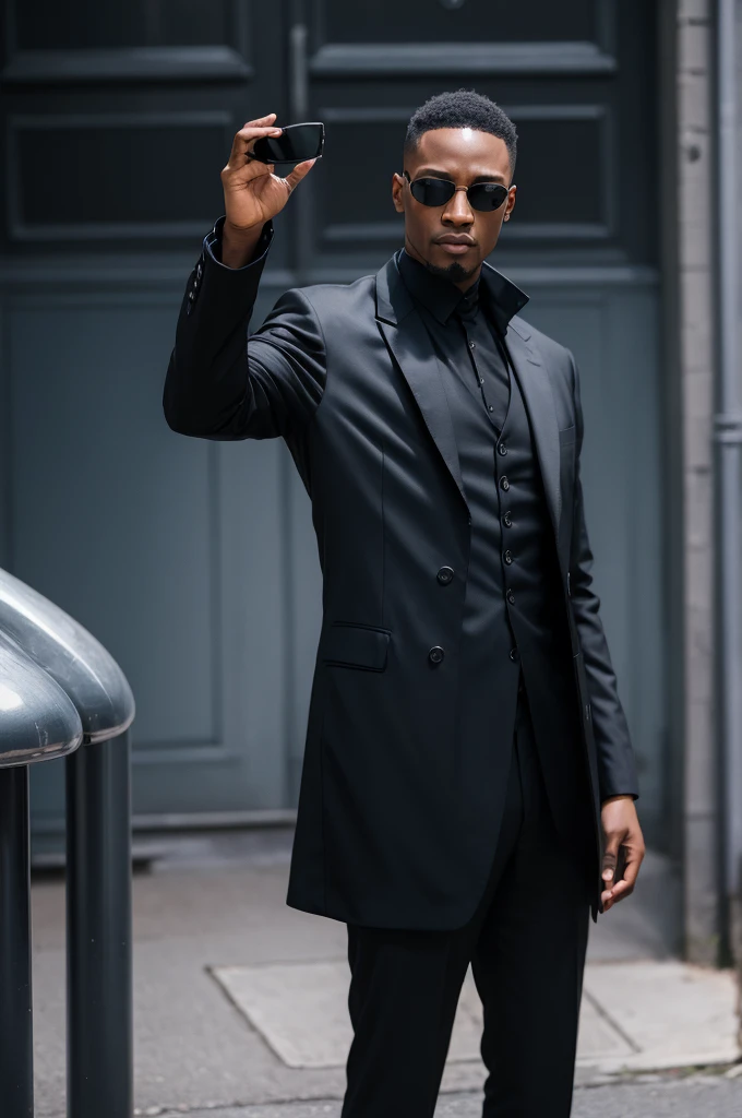 man like morpheus from the matrix in a black suit wearing sunglasses taking a red pill