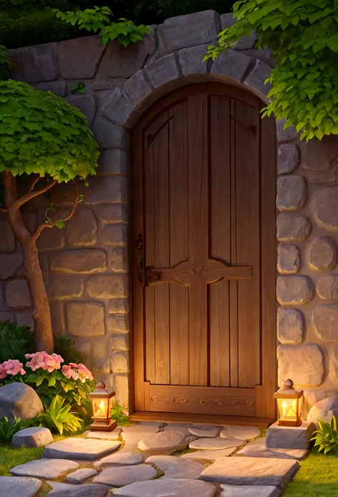 a stone wall, a refined wooden door, a stone path, garden, flowers, mystic, light orange lights, details.