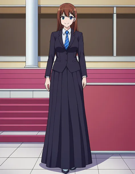 high school girl、whole body、smile、are standing、1girl、black suit、long skirt