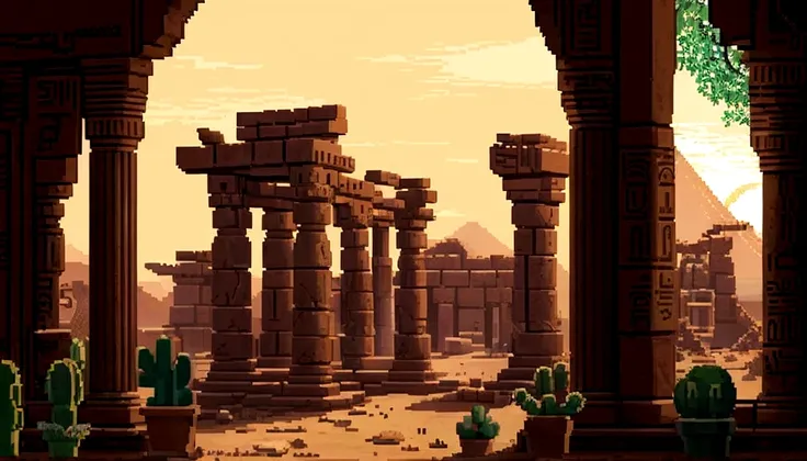 pixel art of a desert scene with a small building and cactus trees, desert temple, style of monument valley, detailed pixel art,...