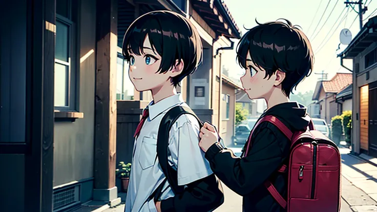 score_9,score_8_superior,(((Highest quality、Masterpiece、Official Art、The best dynamic composition、Super detailed)))、(((Single Mother)))、(((2８Year-old mother and 6-year-old boy)))、A mother watches her son walk to school alone, wearing a black backpack.、Hear...