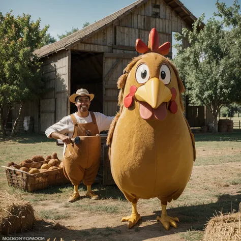 ((Best Quality)), ((Masterpiece)), (Cartoon), 1 happy man, greeting, giant chicken costume, simple background, Farm, funny
