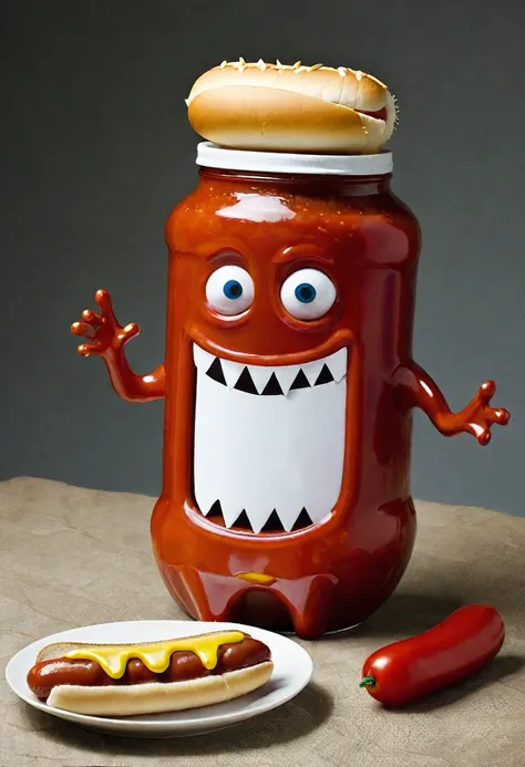 A shaped monster in the shape of a ketchup jar, holding a hot dog, this monster has a scary appearance.