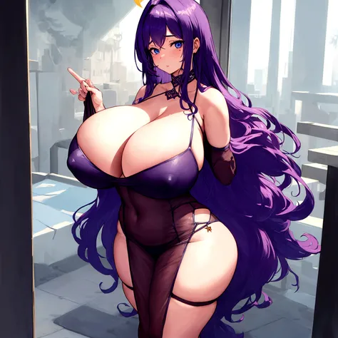 ((masterpiece)),(solo), ((best quality)), (ultra-detailed), (extremely detailed), {best illustration}, ((standing)), ((big breasts)), ((huge breasts)), (solo), standing, calm face, mature face, older woman, milf, solo, blue eyes, long purple hair, bright p...