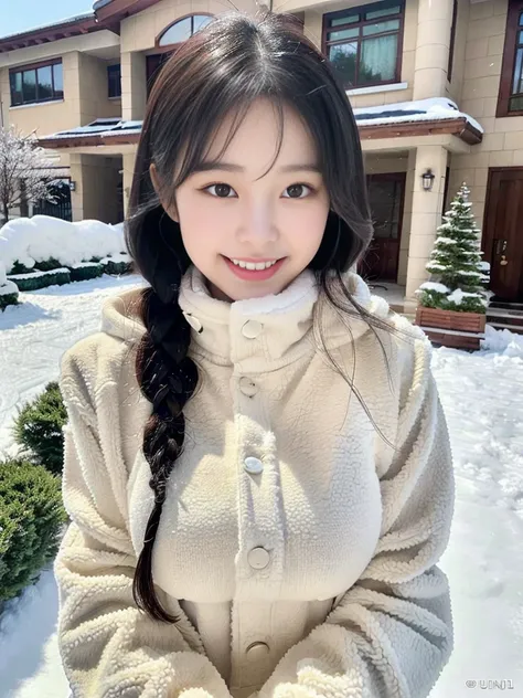 (A photo of a super cute Korean schoolgirl wearing a down jacket:1.2)(grin,smile:1.1)(Beautiful Sweat:1.1)(16K, RAW Photos, Highest quality, masterpiece: 1.2),(A cute braid of shiny black hair) Super detailed, Super Resolution, (Genuine, Genuine photos: 1....