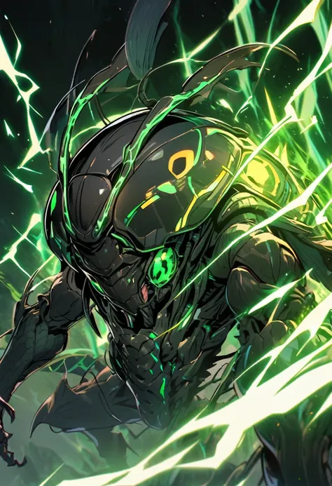 black, beetle, sharp features, green electricity