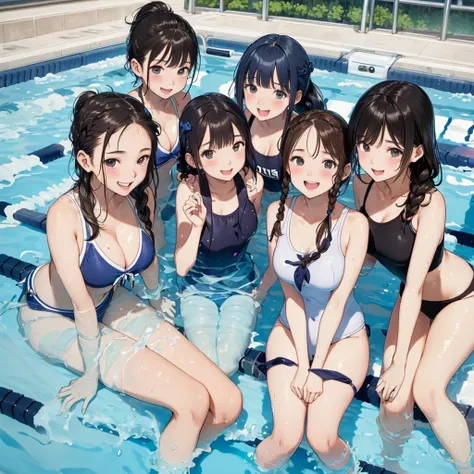 highest quality、High resolution、detailed background、masterpiece、cute10 year old beautiful girl、(5 women)、navy blue school swimsuit、brown hair、black hair、braided ponytail、Each has a cute braided hairstyle、(huge breasts:1.1)、realistic images、perfect body lin...