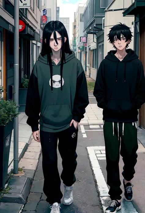 A pale teenager with some  acne with long messy black hair, dark brown eyes, a serious/slightly ill humored expression, some  facial hair starting to grow, wearing a dark grey hoodie, pants, and shoes, with a dark green t-shirt underneath his hoodie, in an...