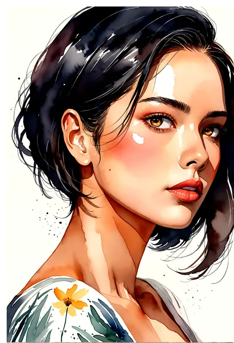 a latin woman with short hair, slickedback hair, a white background, Watercolor painting, digital art portrait, beauty woman with natural faces, Bela arte UHD 4K, digital illustration portrait, scribbled digital illustration, expressive feminine face, beau...