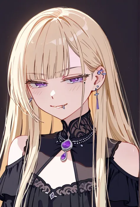 masterpiece, best quality, half body, score_9,half lidded eyes,light blonde hair,lip piercing,purple eyes,smirk,shoulder length wolfcut hair,long black dress,