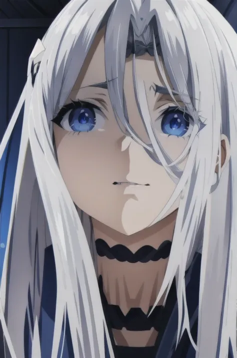 from below, log angle, intenseglare, disgust, shaded_face, shadow_over_eyes, glaring, looking down at the viewer, long platinum hair,blue eyes, detailed indoor, background