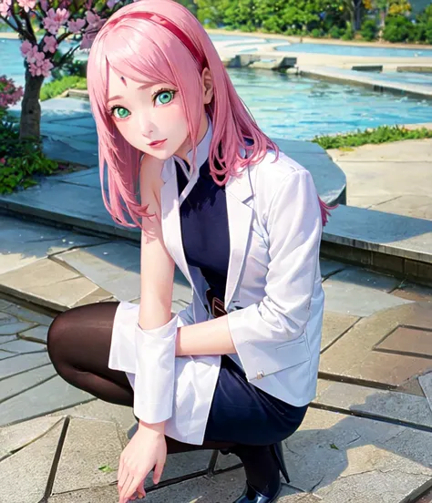 ((best quality)), ((masterpiece)), ((detailed)), ((1 girl))
Sakura haruno, solo, pink hair, 31 years old, green eyes,  small breasts, navy blue pencil skirt, black heels, white shirt, navy blue blazer, brown belt.