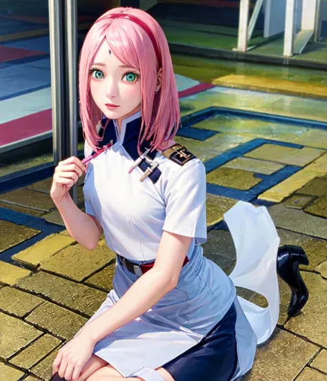 ((best quality)), ((masterpiece)), ((detailed)), ((1 girl))
Sakura haruno, solo, pink hair, 31 years old, green eyes,  small breasts, navy blue pencil skirt, black heels, white shirt, navy blue blazer, brown belt.