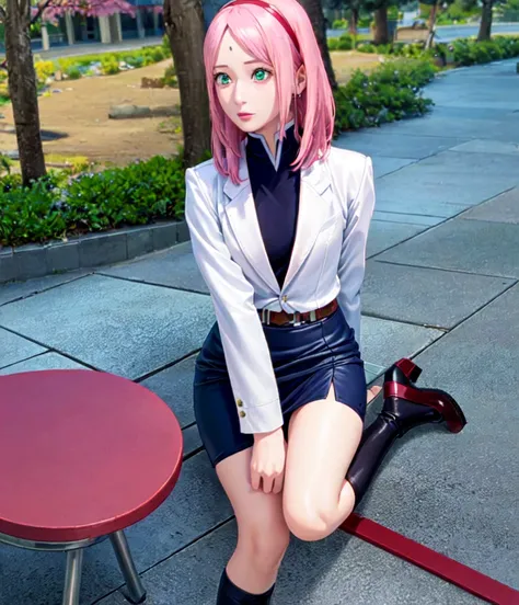 ((best quality)), ((masterpiece)), ((detailed)), ((1 girl))
Sakura haruno, solo, pink hair, 31 years old, green eyes,  small breasts, navy blue pencil skirt, black heels, white shirt, navy blue blazer, brown belt.