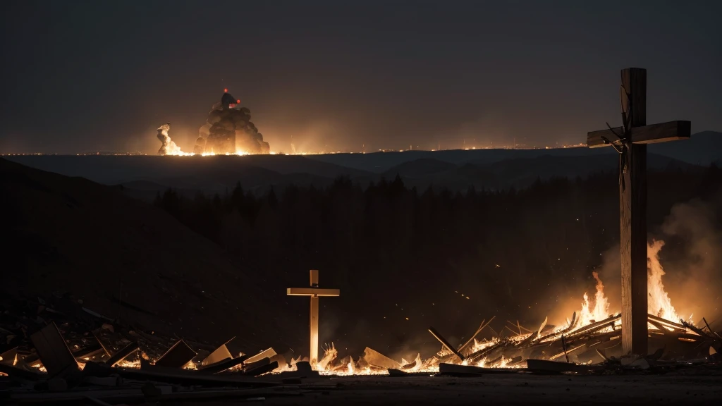 Jesus on the cross, a place destroyed and on fire in a dark climate