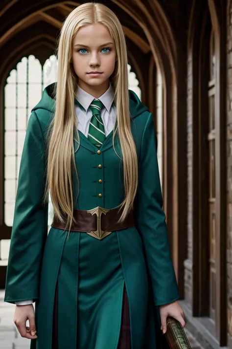 Slim blonde teenager with blue eyes dressed as Slytherin at Hogwarts 