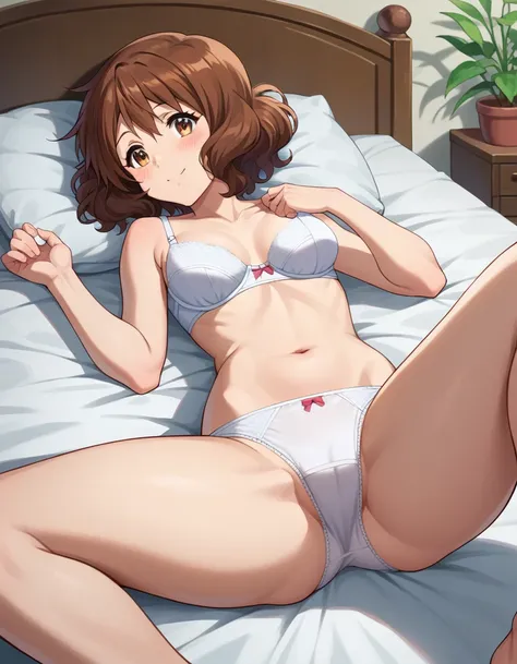 Highest quality, High resolution, masterpiece, (Beautiful Eyes), (Fine grain), Detailed face, kumiko oumae, Brown eyes, Brown Hair, short hair, Wavy Hair, smile, blush, indoor, bedroom, whiteいベッド, Looking back at the audience, (Wide pelvis:1.5), (white_bra...