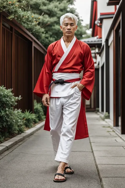 A boy in a red kimono with white details, a black belt and wooden sandals with white hair, athletic and handsome build