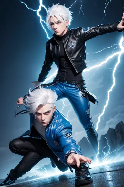 Cartoon male doll with white hair and eyes with lightning, blue jacket and black pants with blue shoes 