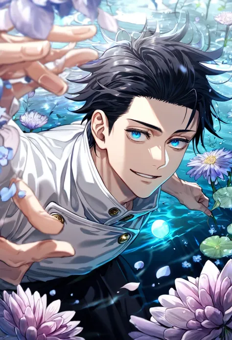 absurdres, highres, ultra detailed, HDR, master piece, Okkotsu Yuuta, black hair, expressive dark blue eyes, Jujutsu Kaisen, sexy man, handsome, best quality, blue moon, flowers, fantasy, magical, solo, water, blue shining fireflies, blue petals, white shi...