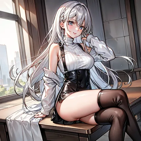 (1girl), sit on chair，Absolute realm，‎Classroom，Sitting，Crossed legs，Ultra High Resolution, 16k, ((Masterpiece)), ((Best Quality))), ((Ultra Detailed)), (ultra high resolution), looking at viewer, (lipstick:0.75), winter, vivid colors, Silver hair, Pale sk...