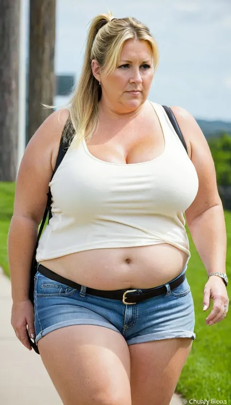 Chubby woman, 40 years old white Caucasian woman, walking outside, MILF, long straight blonde hair, serious, chubby, bbw, casual, summer time, day time, large huge breasts, chubby face, ponytail 