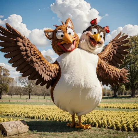 ((Best Quality)), ((Cartoon)), 1 happy man, greeting, giant chicken costume, simple background, Field, funny, vivid colors