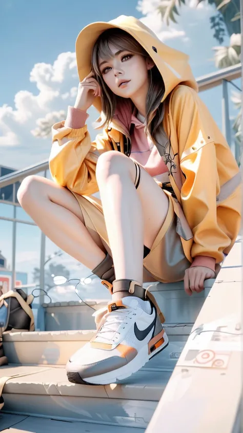 araffe sitting on a stair with a hat on and a pair of shoes, she is wearing streetwear, realistic artstyle, style anime, anime style mixed with fujifilm, anime style. 8k, high quality anime artstyle, artwork in the style of guweiz, anime style 4 k, photore...