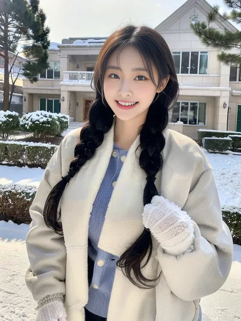 (A photo of a super cute Korean schoolgirl wearing a down jacket:1.2)(grin,smile:1.1)(Beautiful Sweat:1.1)(16K, RAW Photos, Highest quality, masterpiece: 1.2),(A cute braid of shiny black hair) Super detailed, Super Resolution, (Genuine, Genuine photos: 1....