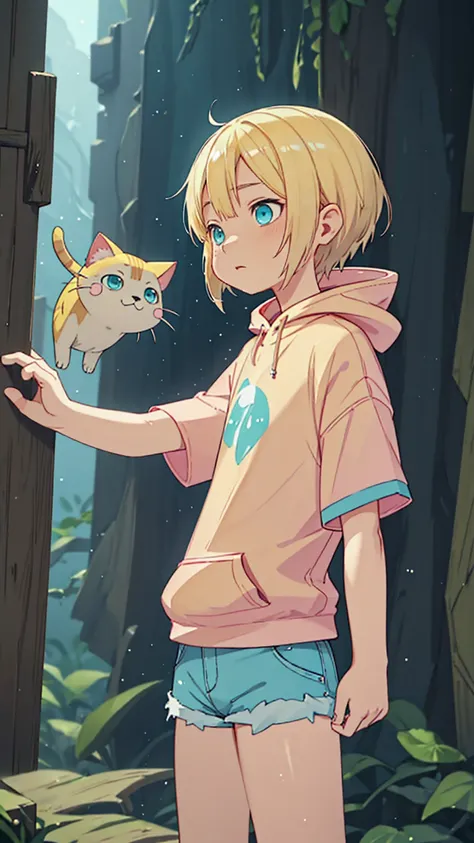 Plain pink short sleeve hoodie。Turquoise Eyes、8-year-old girl, (Eye color is turquoise), SFW,
Blonde Hair、Short Hair、Cat ear、(Blonde :1.5),
White skin, Wooden village, (Flat Chest), Denim shorts,
outside, bright,, Plain pink short sleeve hoodie,I tried dra...