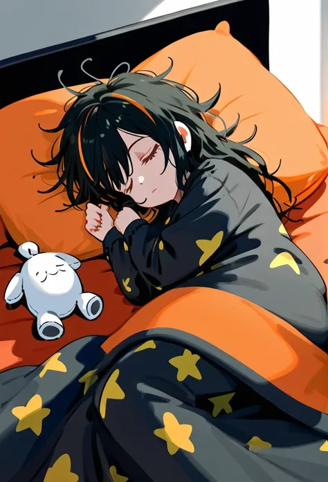 masterpiece, best quality, score_9,older woman,sleeping,black hair,orange streaks.messy hair,black bed,messy room,plushies,funny sleeping pose,sleep bubble,black pajamas.blanket falling, white and orange pillow,detailed bedroom