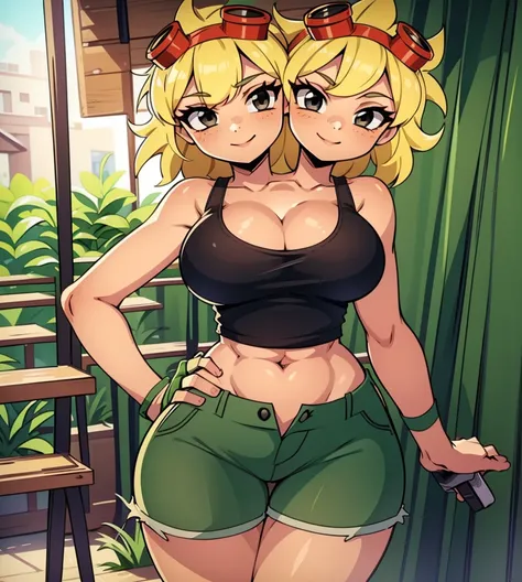 best quality, (masterpiece),(ultra-detailed), (high quality), (high resolution), ((2heads:1.5)), best quality:1.5, highres, UHD, 16K), smiling, highres, masterpiece, (blonde hair), (cleavage), (black short tank top), medium long hair, ((green denim shorts)...