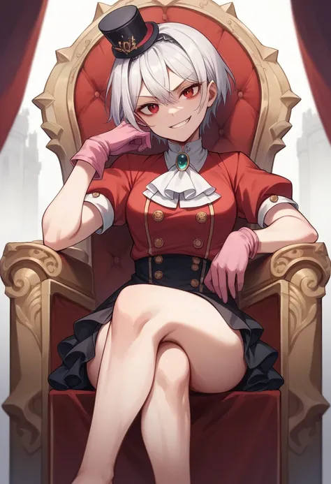 masterpiece, best quality, highres, aakana, short hair, mini hat, head tilt, red eyes, jewelry, brooch, white ascot, frills, red shirt, short sleeves, pink gloves, black skirt, throne, sitting, crossed legs, smirk, grin