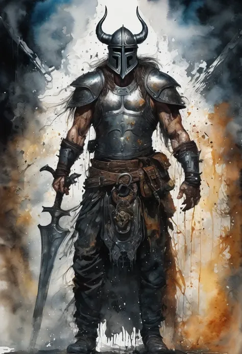 A captivating watercolor splash art illustration of a dark, futuristic Viking blacksmith. The figure has skeletal, metal hands clasped together, exuding an air of mystery. There is a perfect fusion of dark fantasy and industrial gothic elements. Ethereal f...