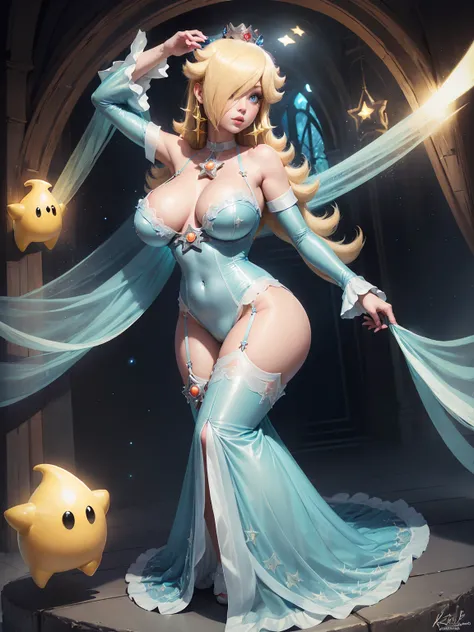 ((Princess Rosalina from super mario bros series))(she has big glowing blue eyes)(bright red lips) ((long blonde hair))(((long bangs hide one eye)))(dark eyeshadows make up)((very huge breasts)) (perfect slim body), (crown), ((posing sexy in cosmic castle)...