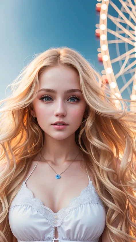 Photo of a Russian girl 20 years old, raw, Beautiful woman, (Long wavy blonde hair), ((Portrait)), ((Detailed face:1.2)), ((detailed facial features)), (finely detailed skin), pale skin,Park, London Ferris Wheel、One piece with fluffy cleavage visible、A sex...