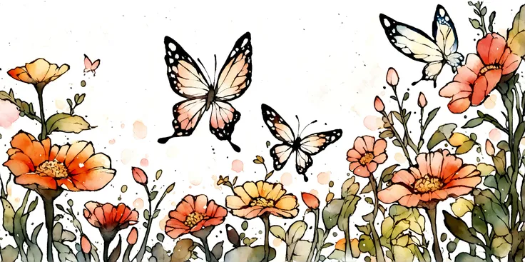 Butterflies flutter among the flowers，White background，Watercolor style