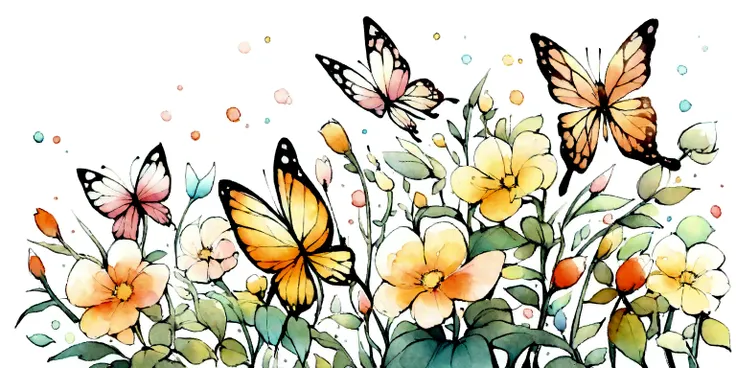 Butterflies flutter among the flowers，White background，Watercolor style