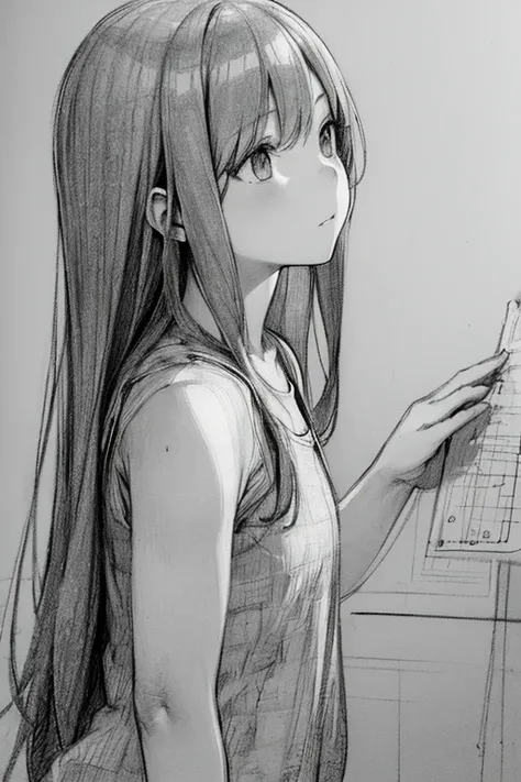 (pencil_sketch:1.2, messy lines, shades of gray, traditional media, sketch),
1 girl, One, long hair, simple background, upper body, looking up