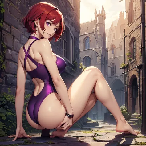 (absurdres, high fantasy artwork, best high quality image, carefuly detailed, very detailed features and textures, detailed color, detailed character, solo alone, back view)
{{(1character: 20 years old barbarian girl: (scarlet red red red short hair), (pur...