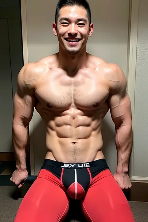 Japanese men、Shaved head with very enlarged and well-trained muscles、While showing off some very risqué and brightly colored boxer briefs、In the dark hallway、The whole body is visible、Sitting upright、Smiling with his mouth wide open、